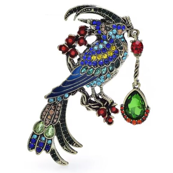Exotic Tropical Bird Brooch Rhinestone & Enamel Colorful Jungle Wildlife - Picture 1 of 3